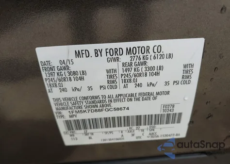 2015 Ford Explorer Xlt from USA, damaged, VIN 1FM5K7D88FGC58674